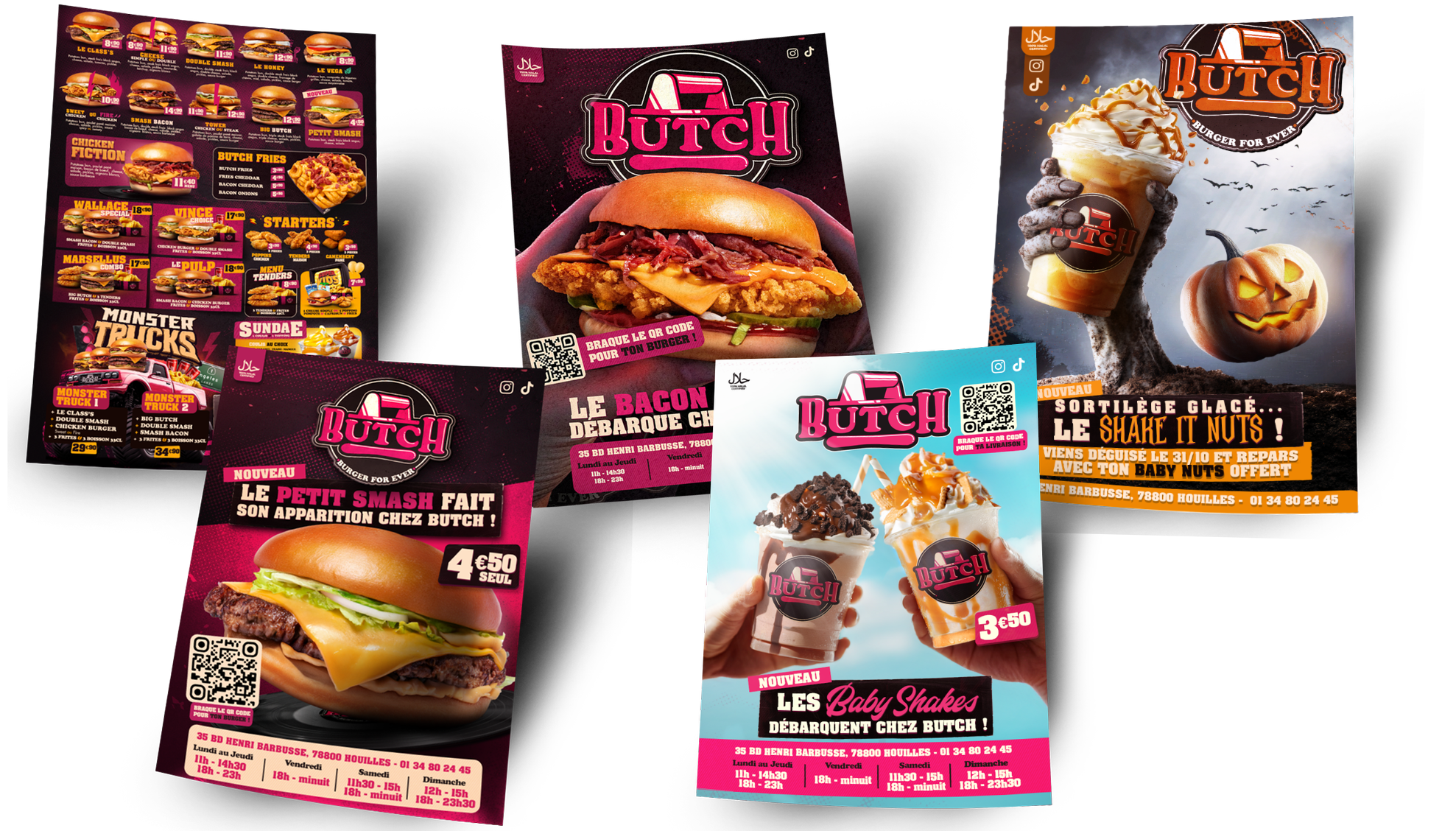 Flyers Butch — carte, Le Bacon, Shake it Nuts, Petit Smash, Baby Shakes